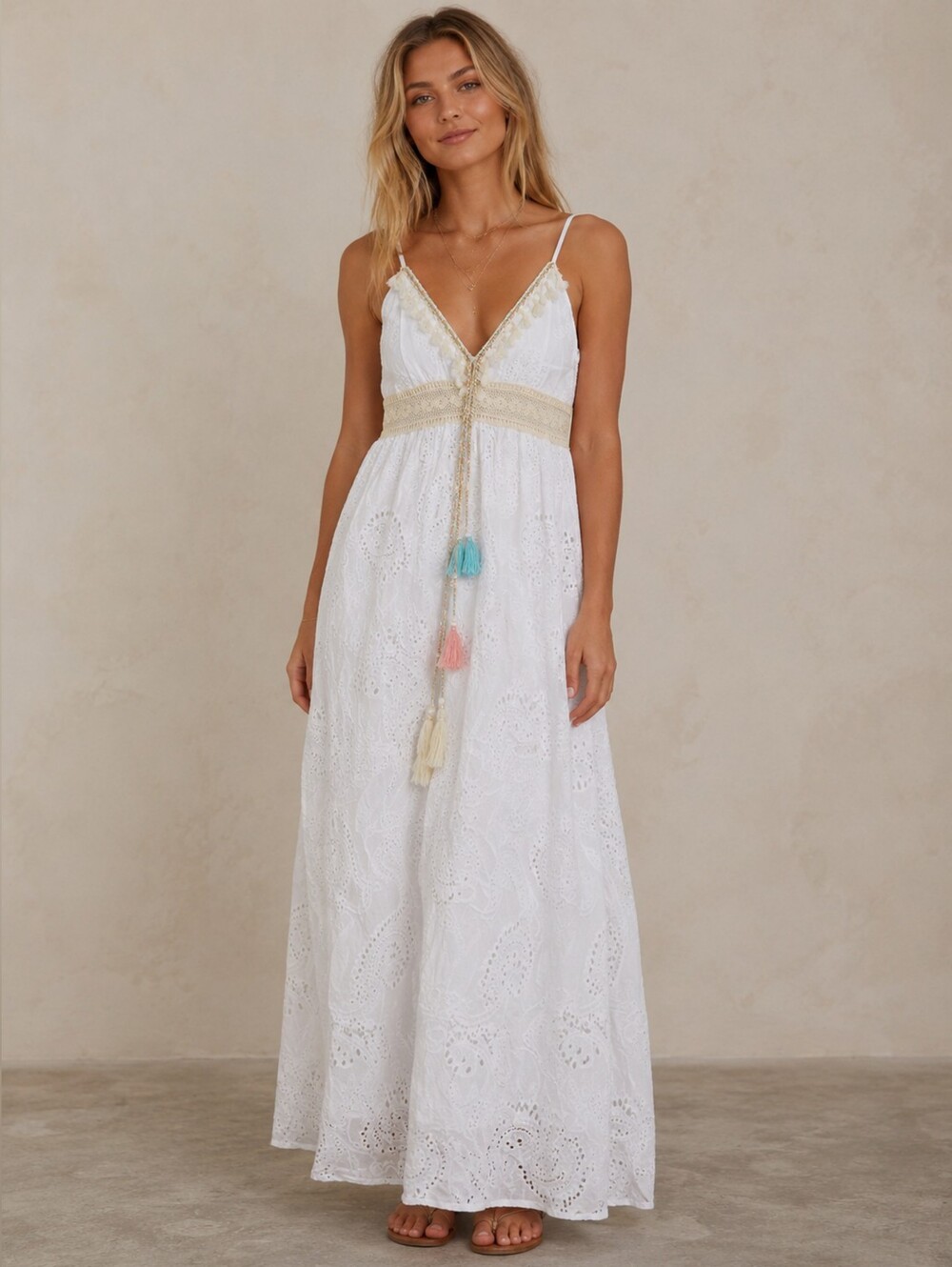 Original USA White Eyelet Embroidered Boho Maxi Dress S/M NWOT